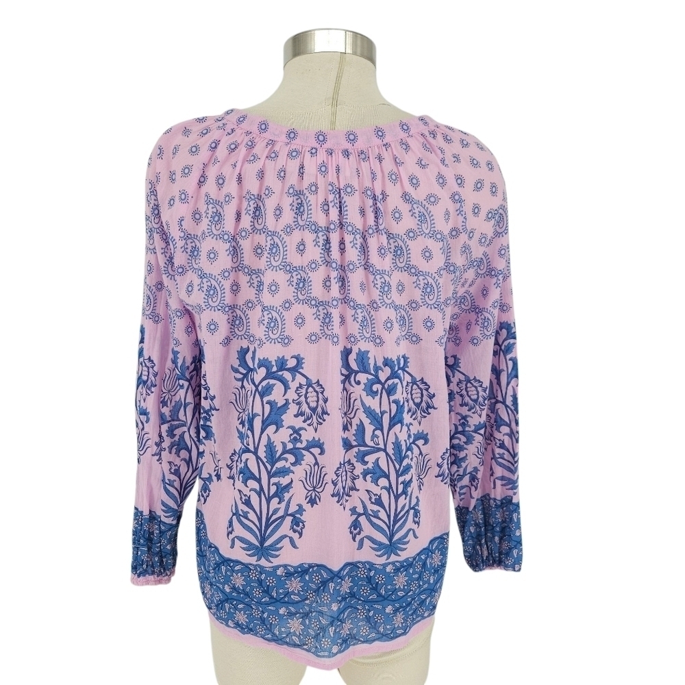 Cynthia Rowley Shirt Pink Floral Long Sleeve V Neck Tasseled Peasant Top Small - Picture 5 of 7